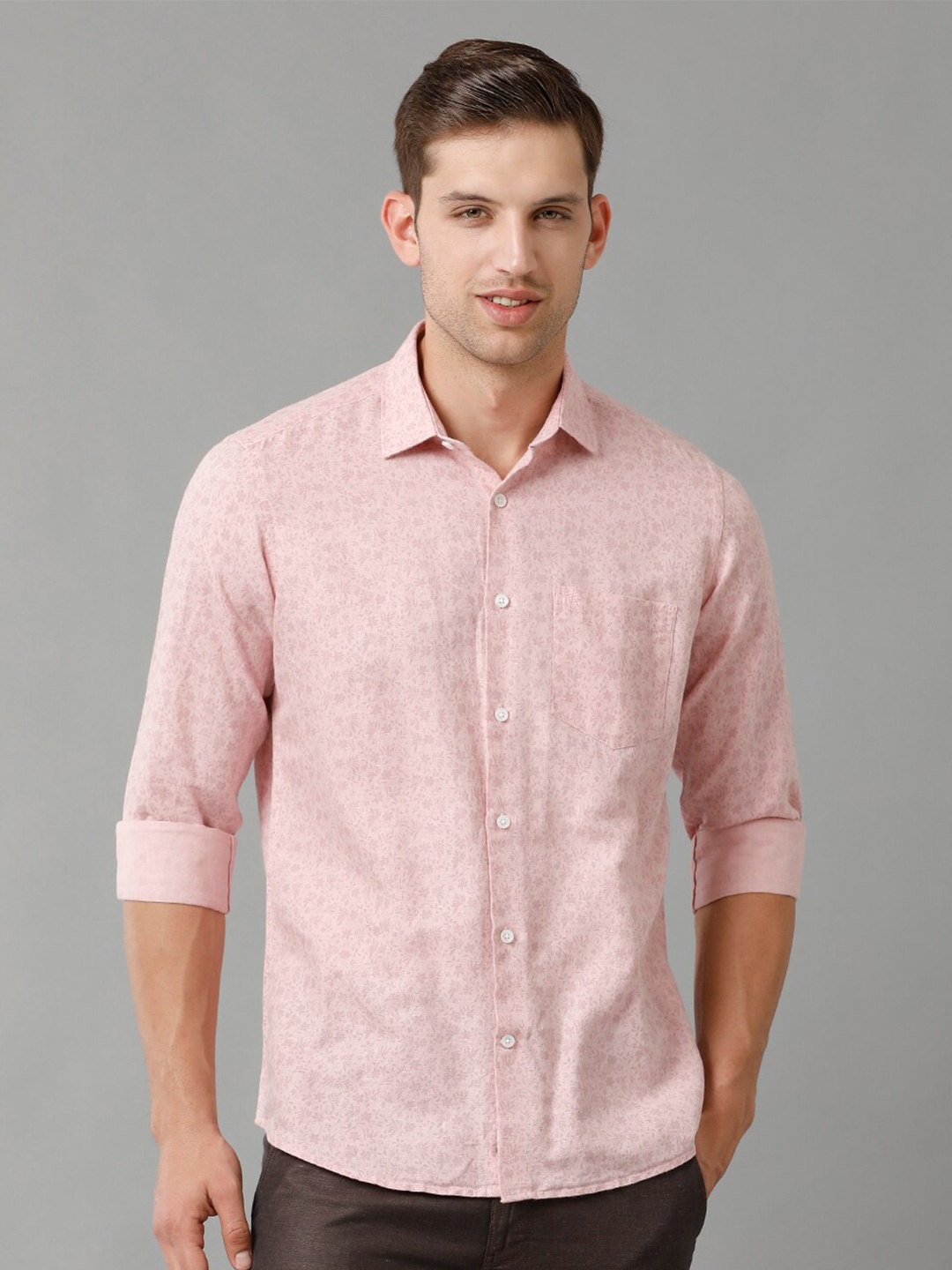 Linen Club Contemporary Opaque Floral Printed Linen Casual Shirt, Pink