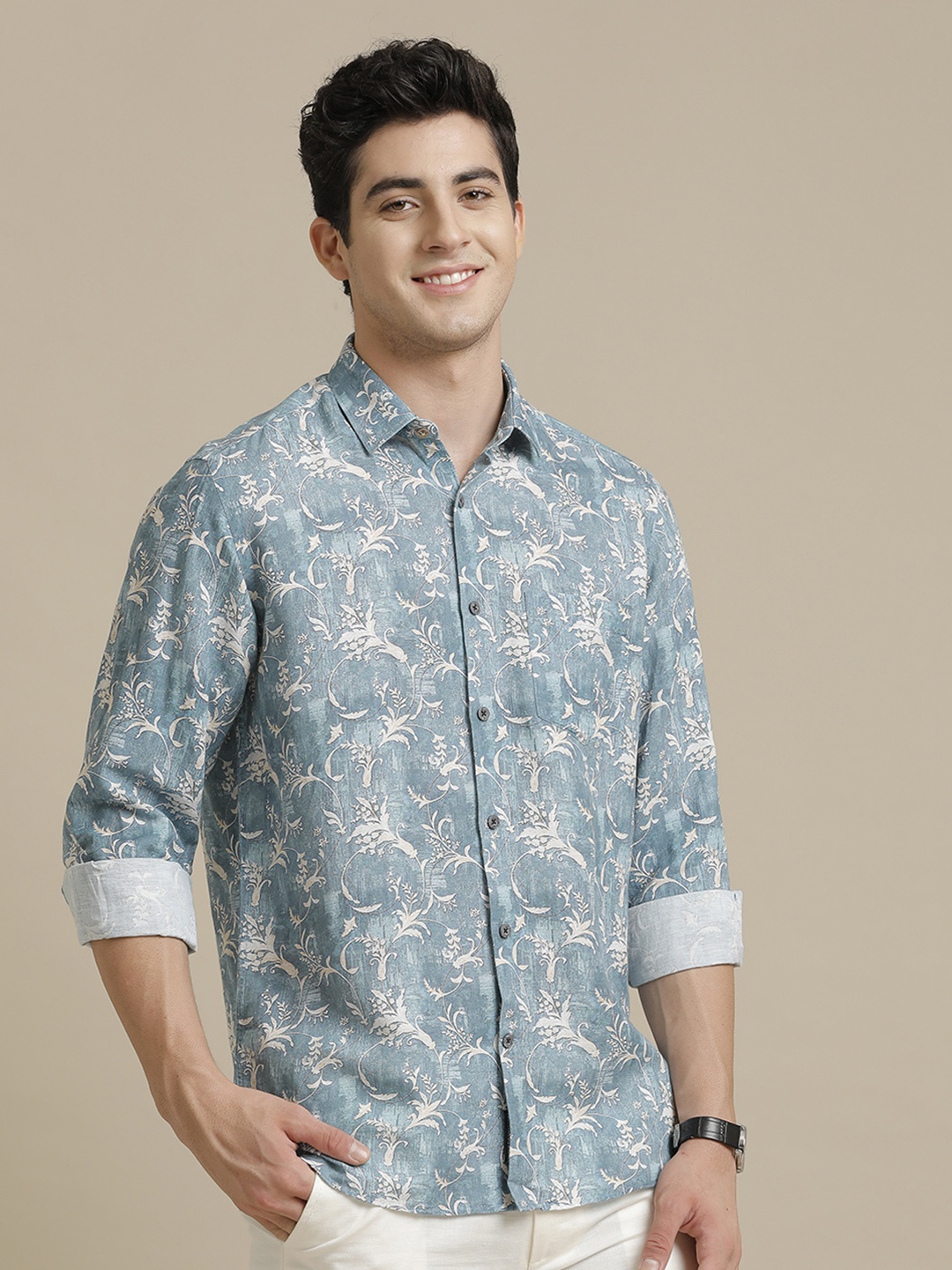 

Linen Club Contemporary Opaque Floral Printed Casual Shirt, Blue