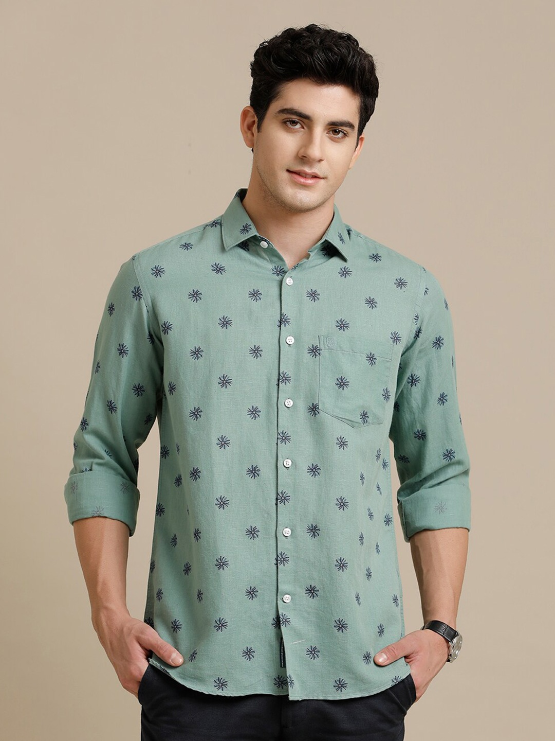 

Linen Club Contemporary Fit Floral Printed Spread Collar Cotton Linen Casual Shirt, Green