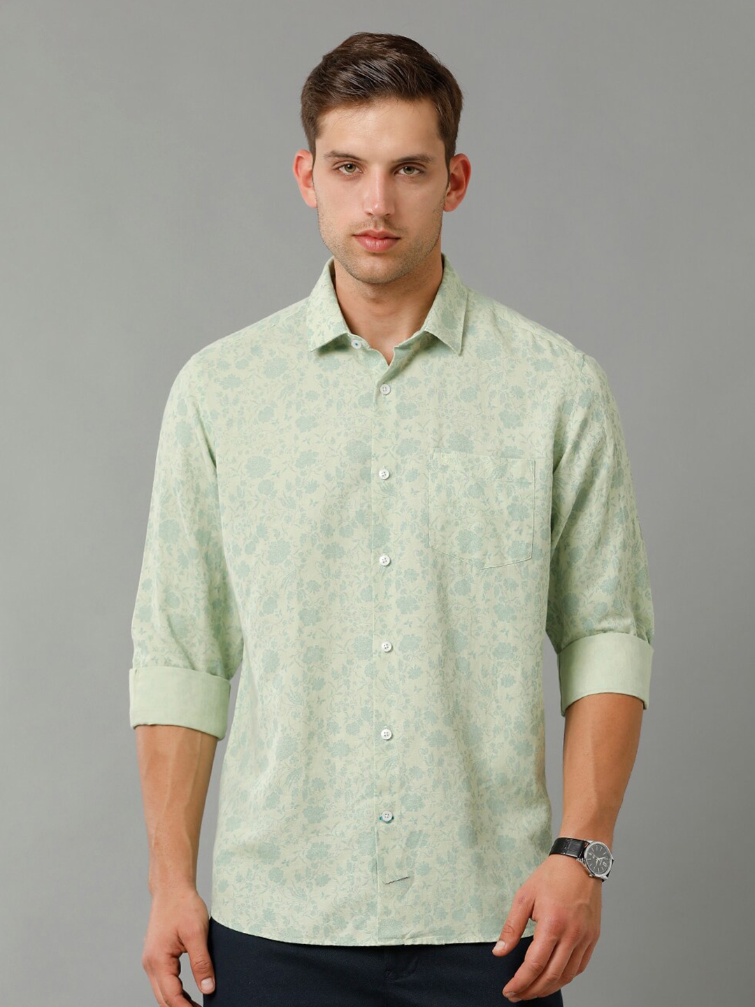 

Linen Club Contemporary Floral Printed Cotton Linen Casual Shirt, Green