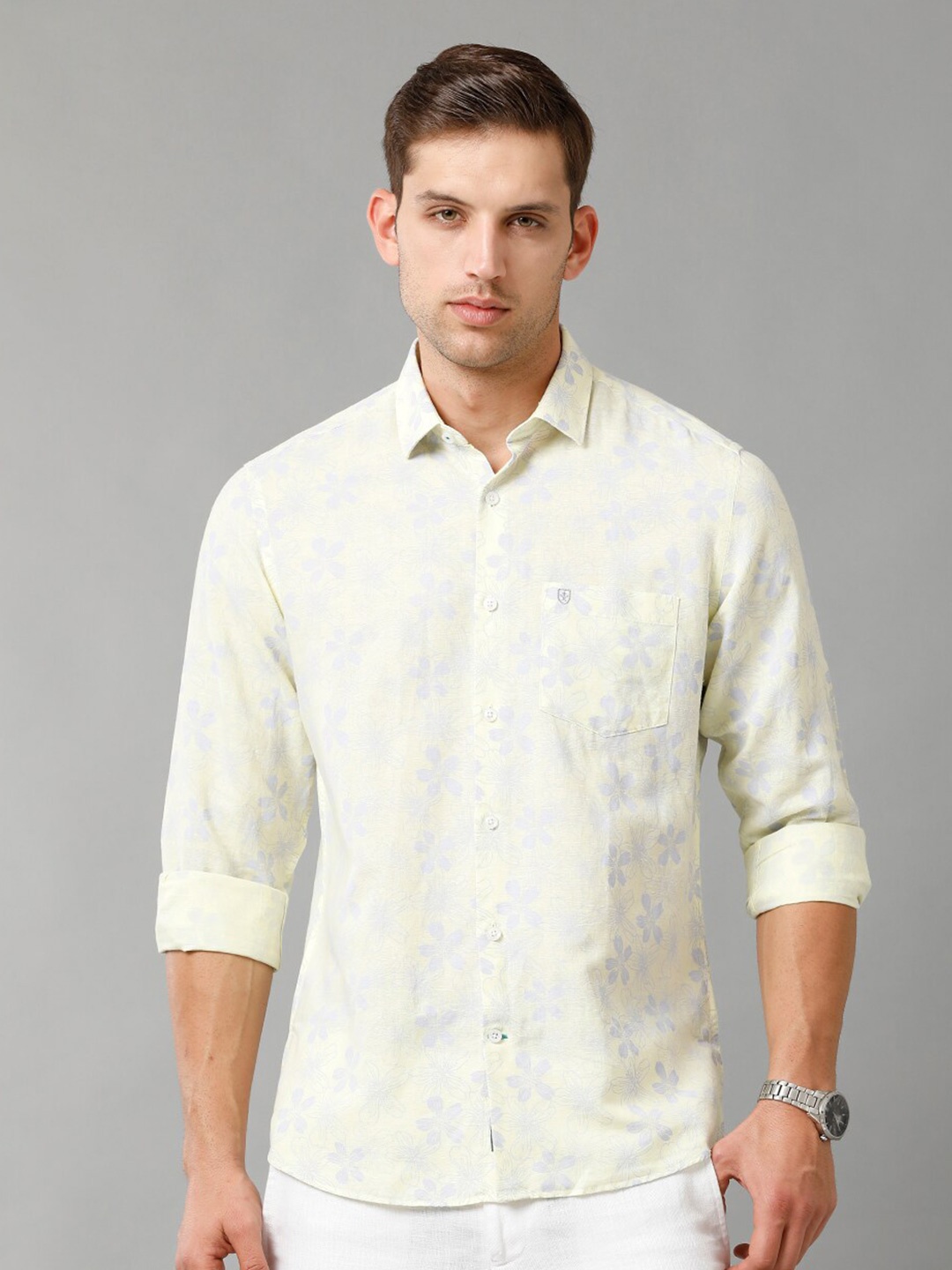 

Linen Club Men Contemporary Floral Printed Cotton Linen Casual Shirt, Yellow