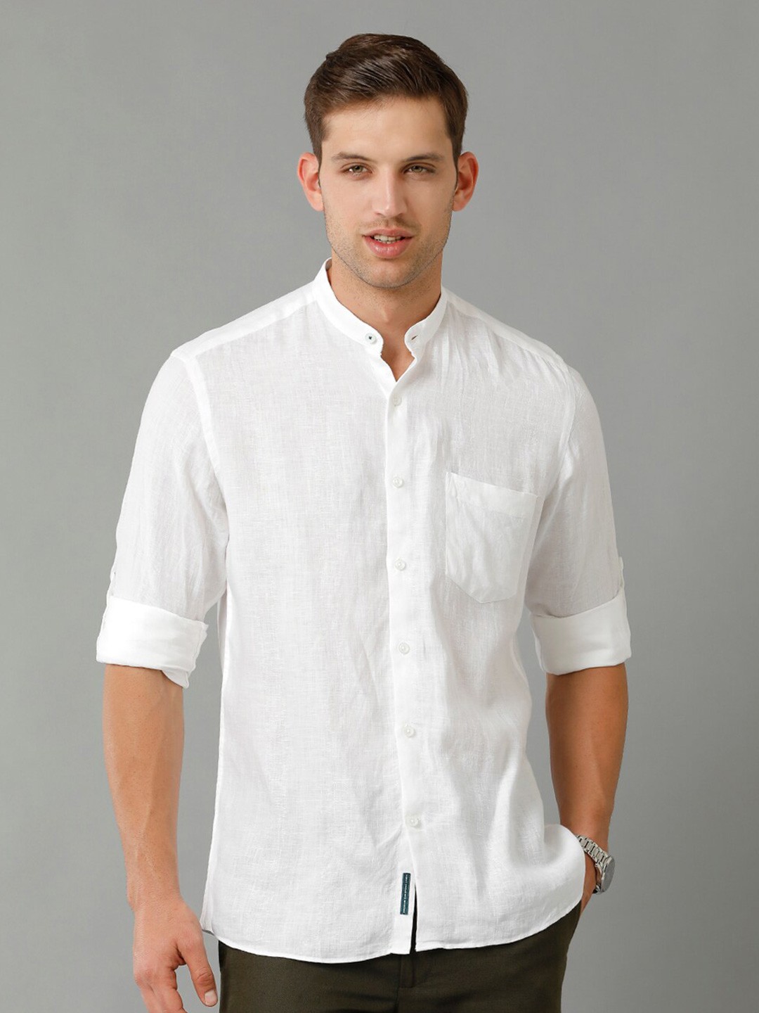 

Linen Club Men Contemporary Band Collar Linen Casual Shirt, White