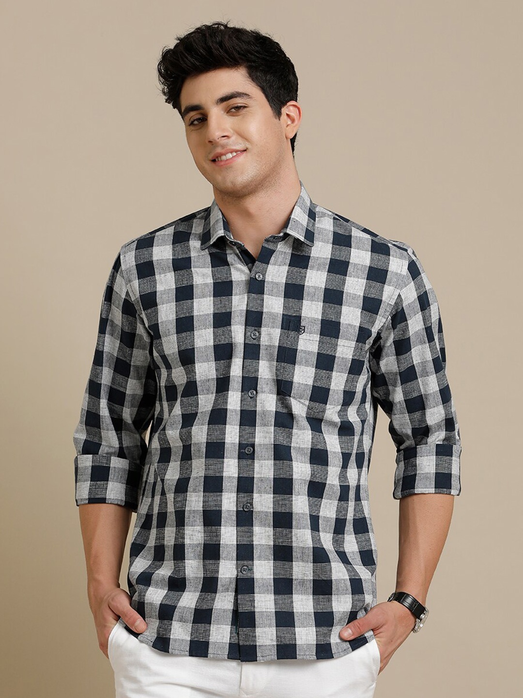 

Linen Club Contemporary Tartan Checked Pure Linen Casual Shirt, Black