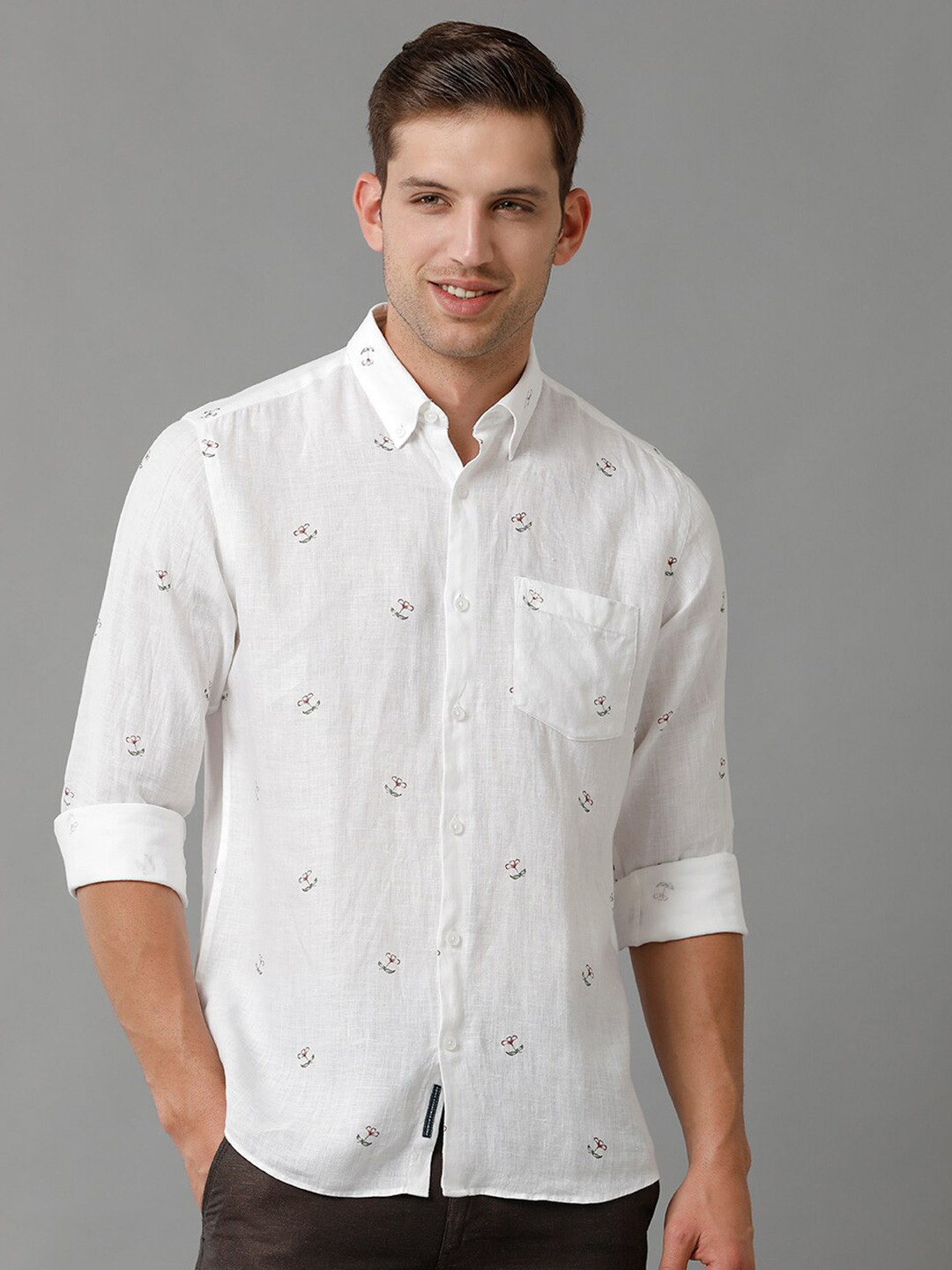 

Linen Club Men Contemporary Floral Printed Linen Casual Shirt, White
