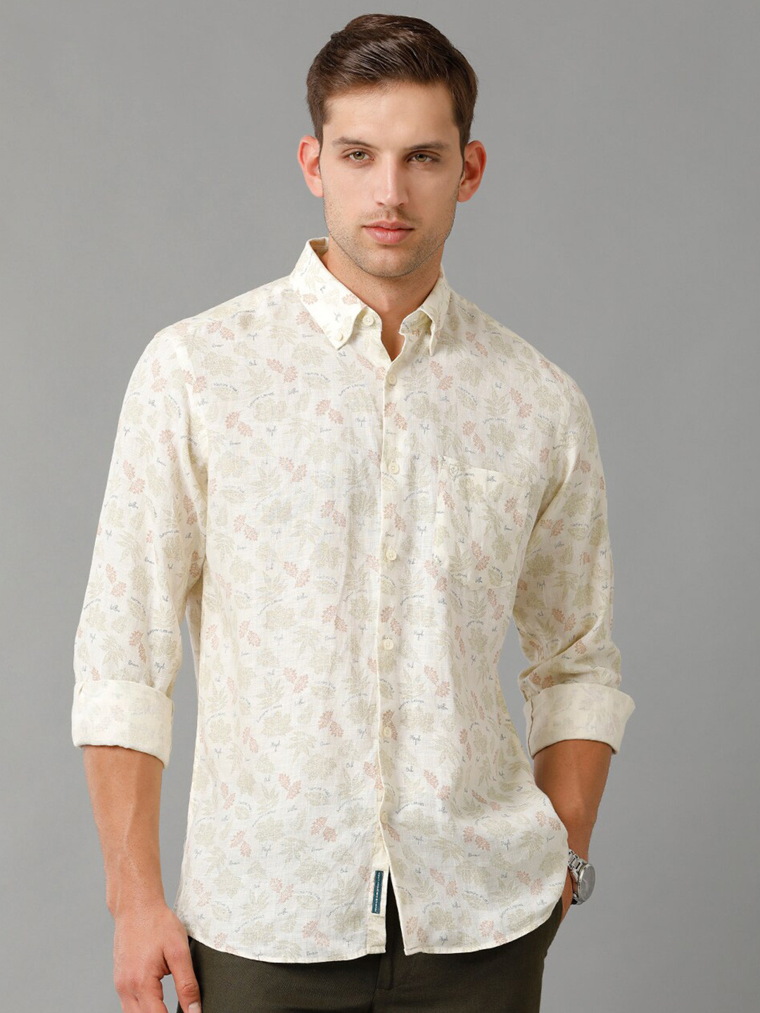

Linen Club Contemporary Floral Printed Pure Linen Casual Shirt, Off white