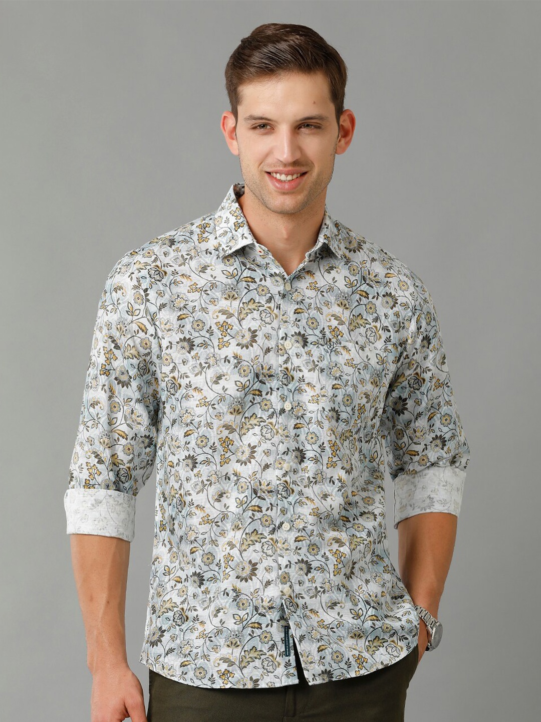 

Linen Club Contemporary Floral Printed Pure Linen Casual Shirt, White