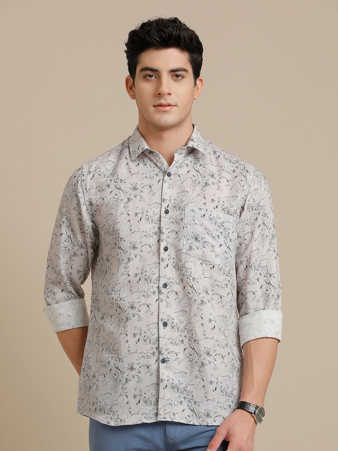 

Linen Club Contemporary Floral Printed Pure Linen Casual Shirt, Grey
