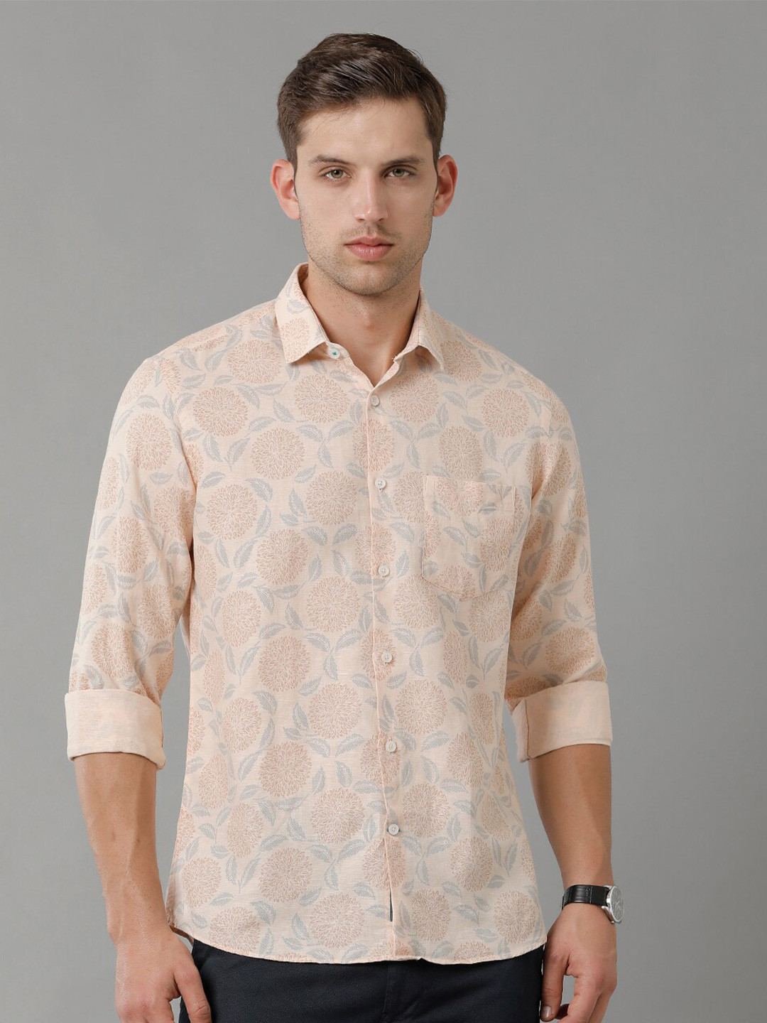 

Linen Club Contemporary Floral Printed Pure Linen Casual Shirt, Peach