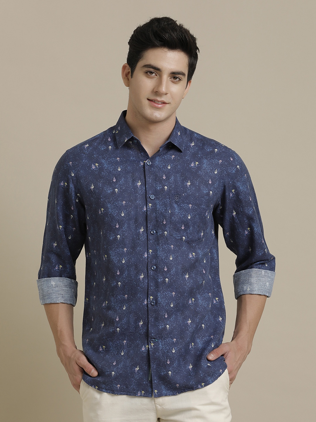 

Linen Club Men Contemporary Opaque Printed Casual Shirt, Navy blue