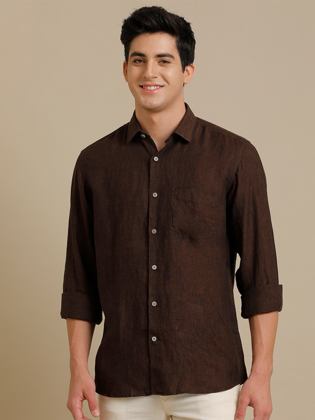 

Linen Club Contemporary Opaque Pure Linen Casual Shirt, Brown