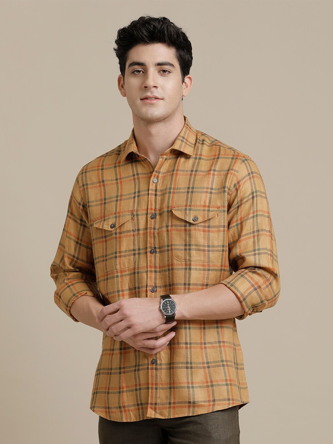 

Linen Club Contemporary Tartan Checked Pure Linen Casual Shirt, Brown