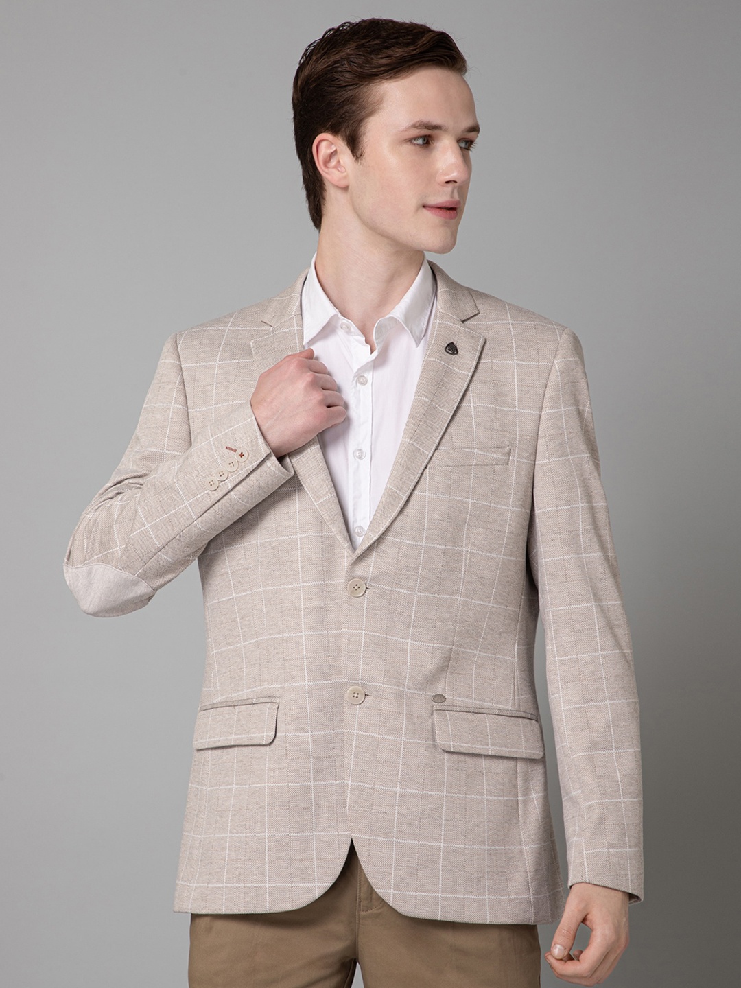 

Cantabil Checked Notched Lapel Terry Single-Breasted Blazer, Beige