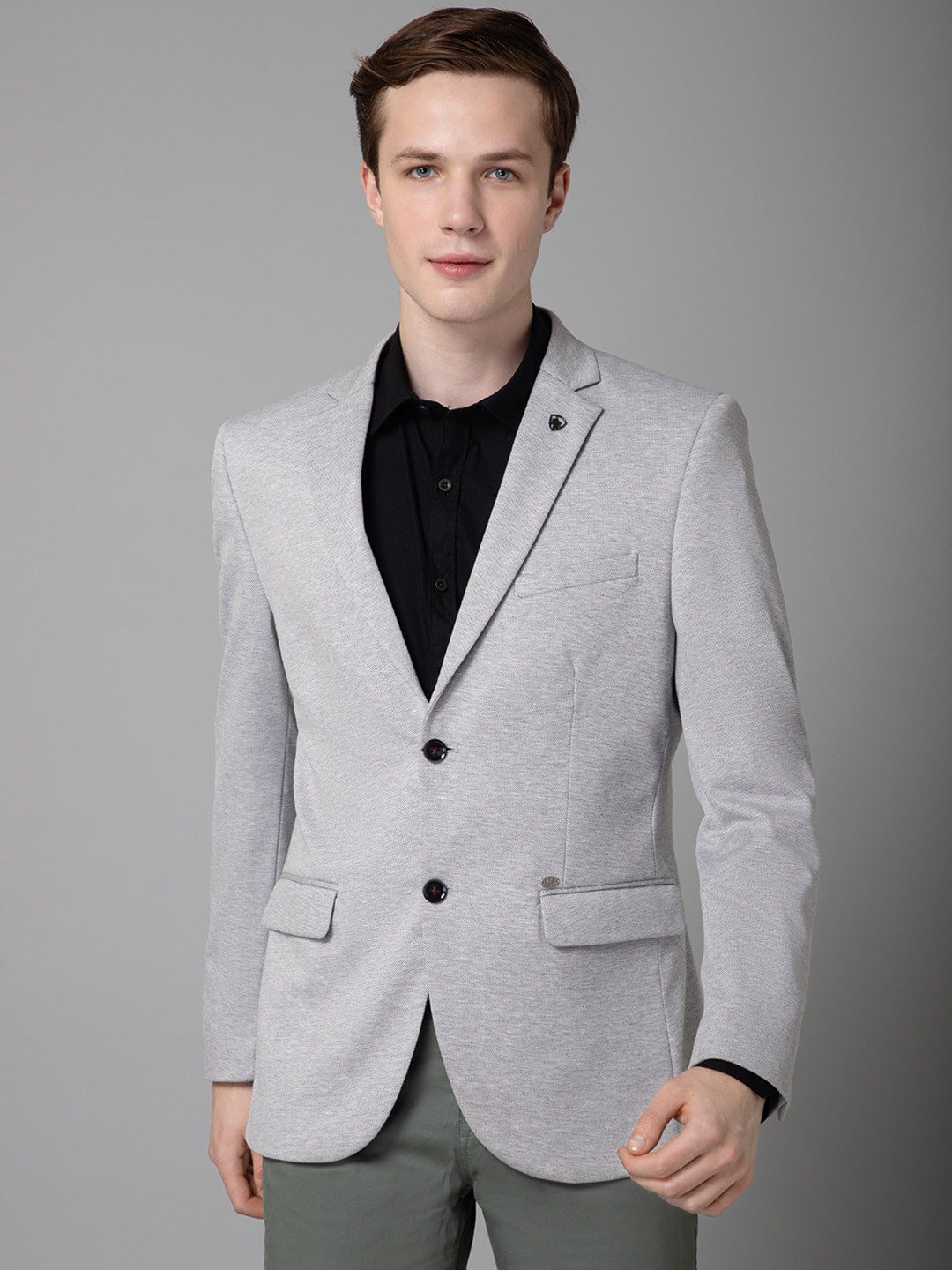 

Cantabil Self Design Notched Lapel Terry Single-Breasted Blazer, Grey