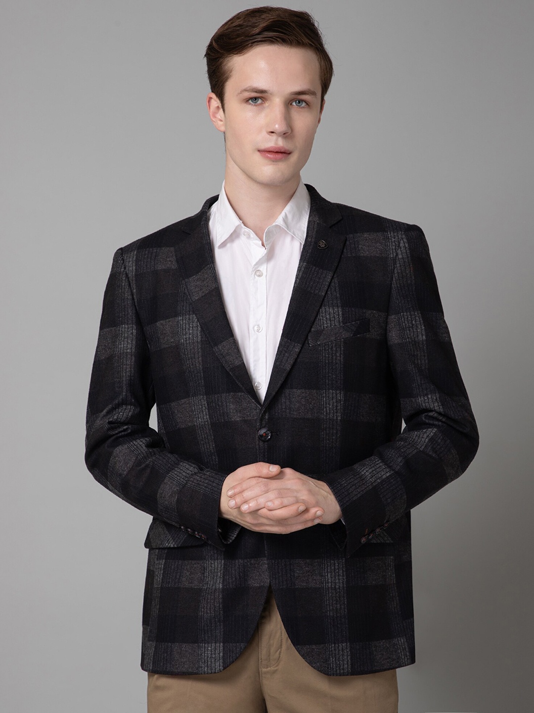 

Cantabil Checked Notched Lapel Collar Terry Single-Breasted Blazer, Grey