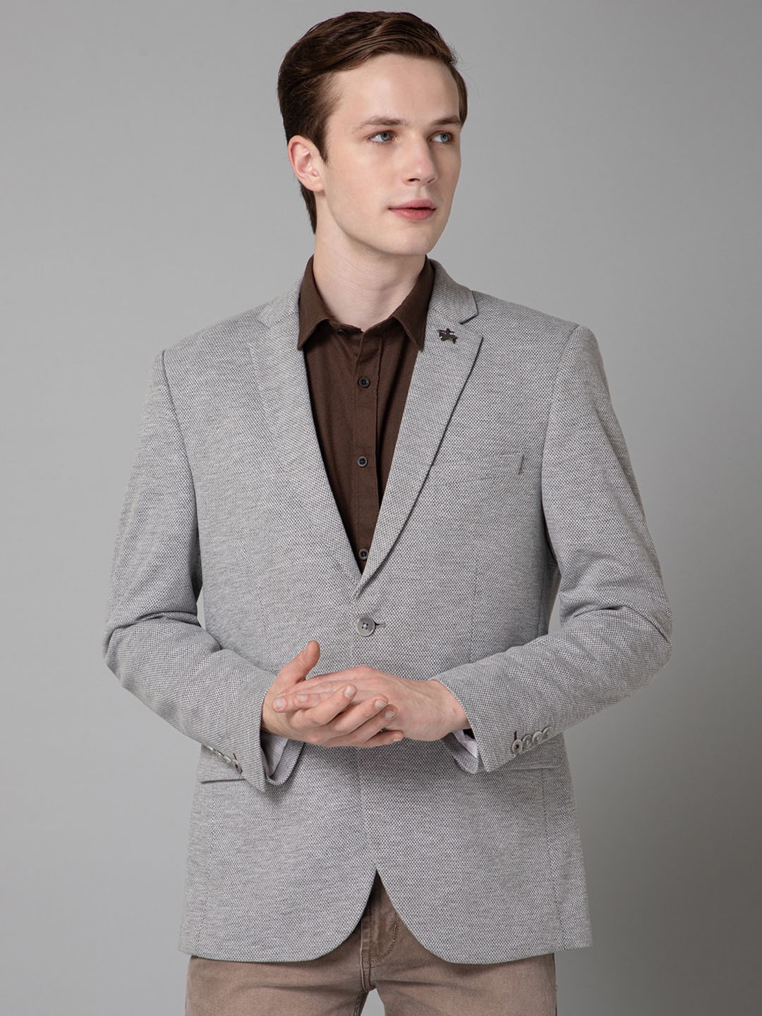 

Cantabil Self-Design Notched Lapel Terry Single-Breasted Blazer, Grey