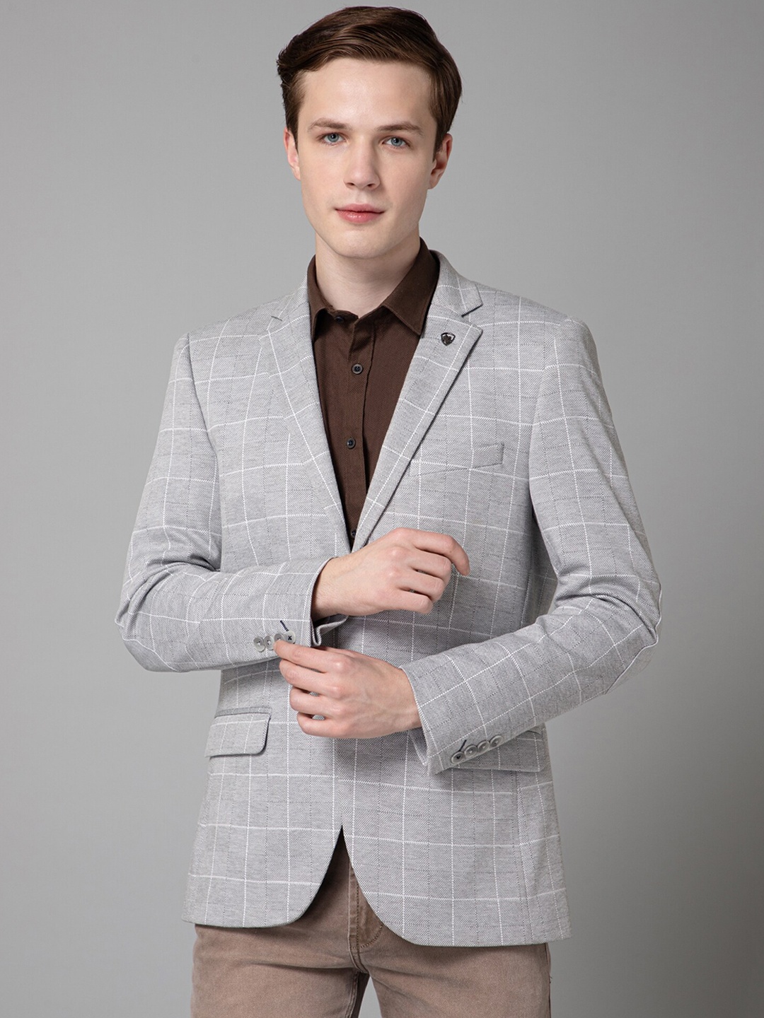 

Cantabil Checked Single-Breasted Formal Blazer, Grey