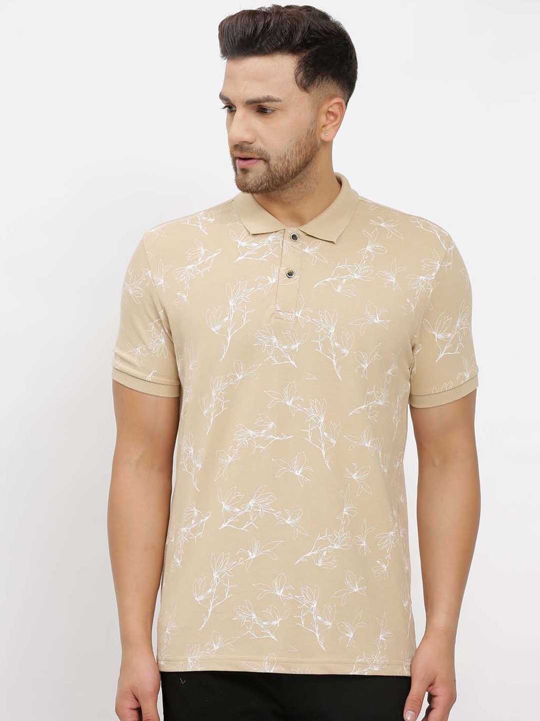 

Numero Uno Slim Fit Floral Dyed Polo Collar Short Sleeves Cotton T-shirt, Beige