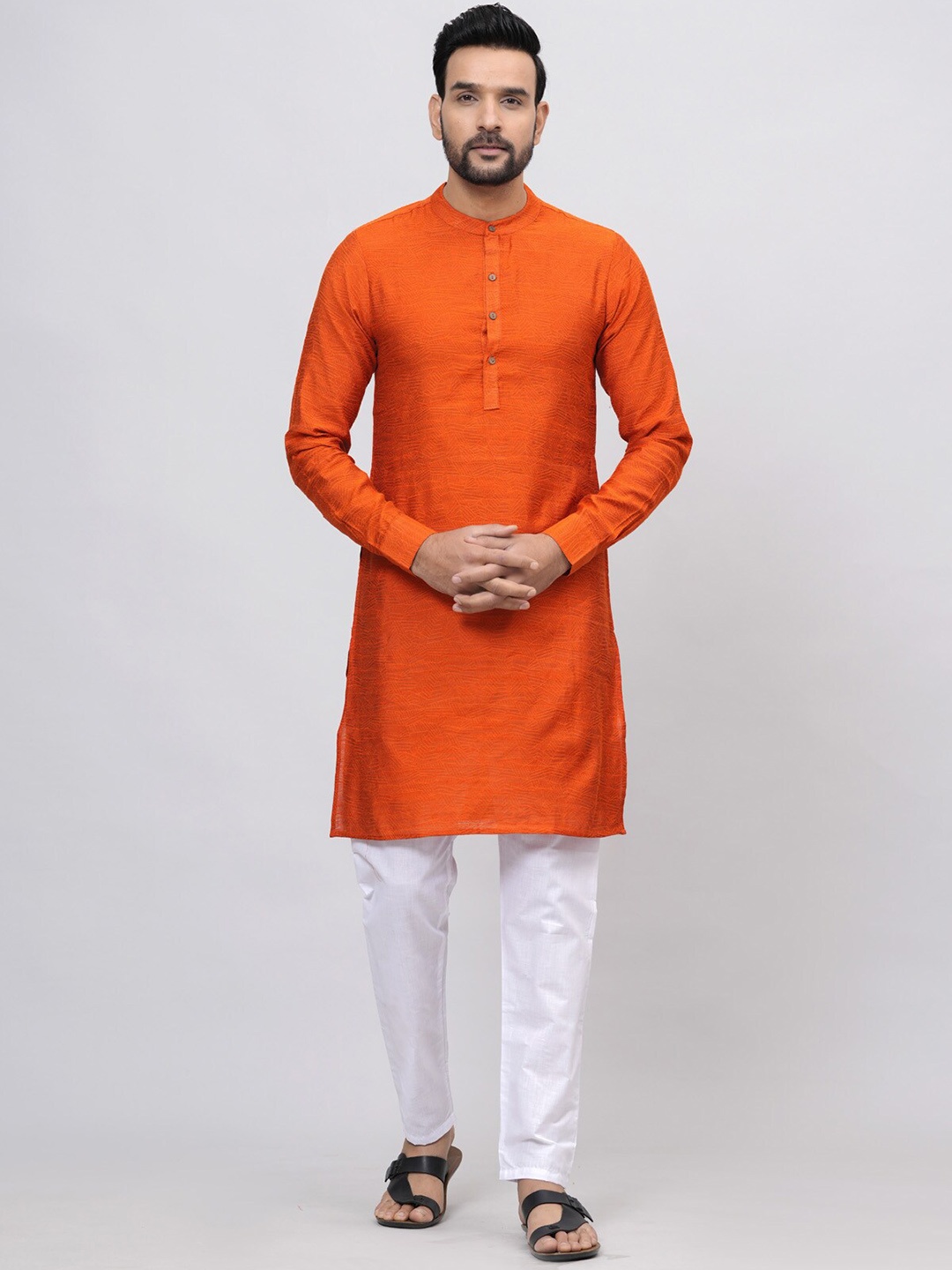 

BAESD Geometric Woven Design Band Collar Straight Kurta, Orange
