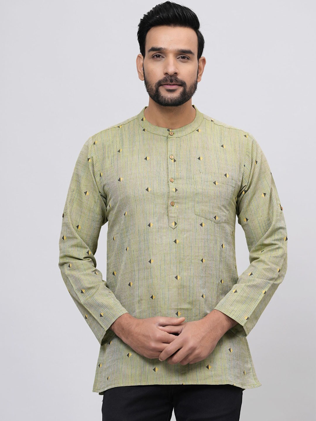 

BAESD Ethnic Motifs Woven Design Band Collar Straight Kurta, Green