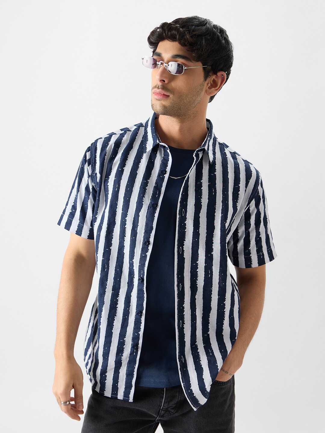 

The Souled Store Spread Collar Short Sleeves Cotton Striped Casual Shirt, Blue