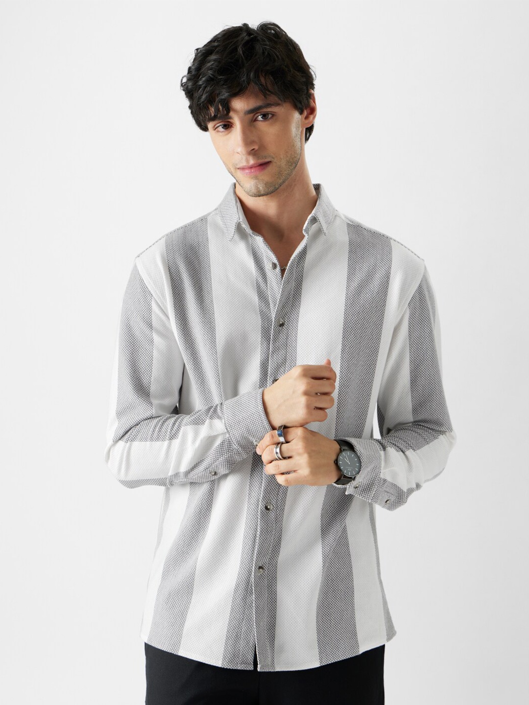 

The Souled Store Spread Collar Long Sleeves Striped Casual Shirt, White