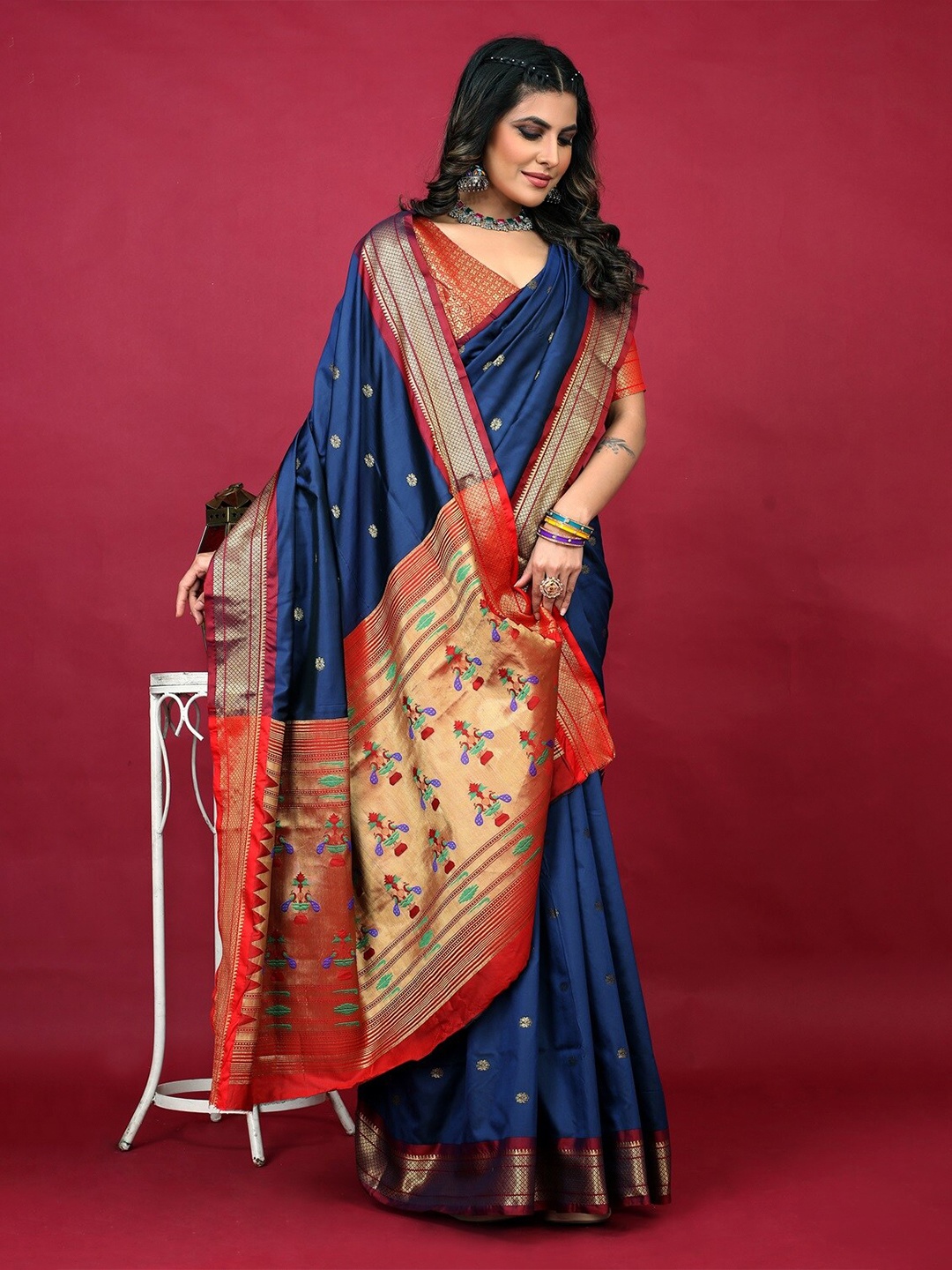 

CANIZZARO Ethnic Motifs Woven Design Zari Silk Cotton Paithani Saree, Blue