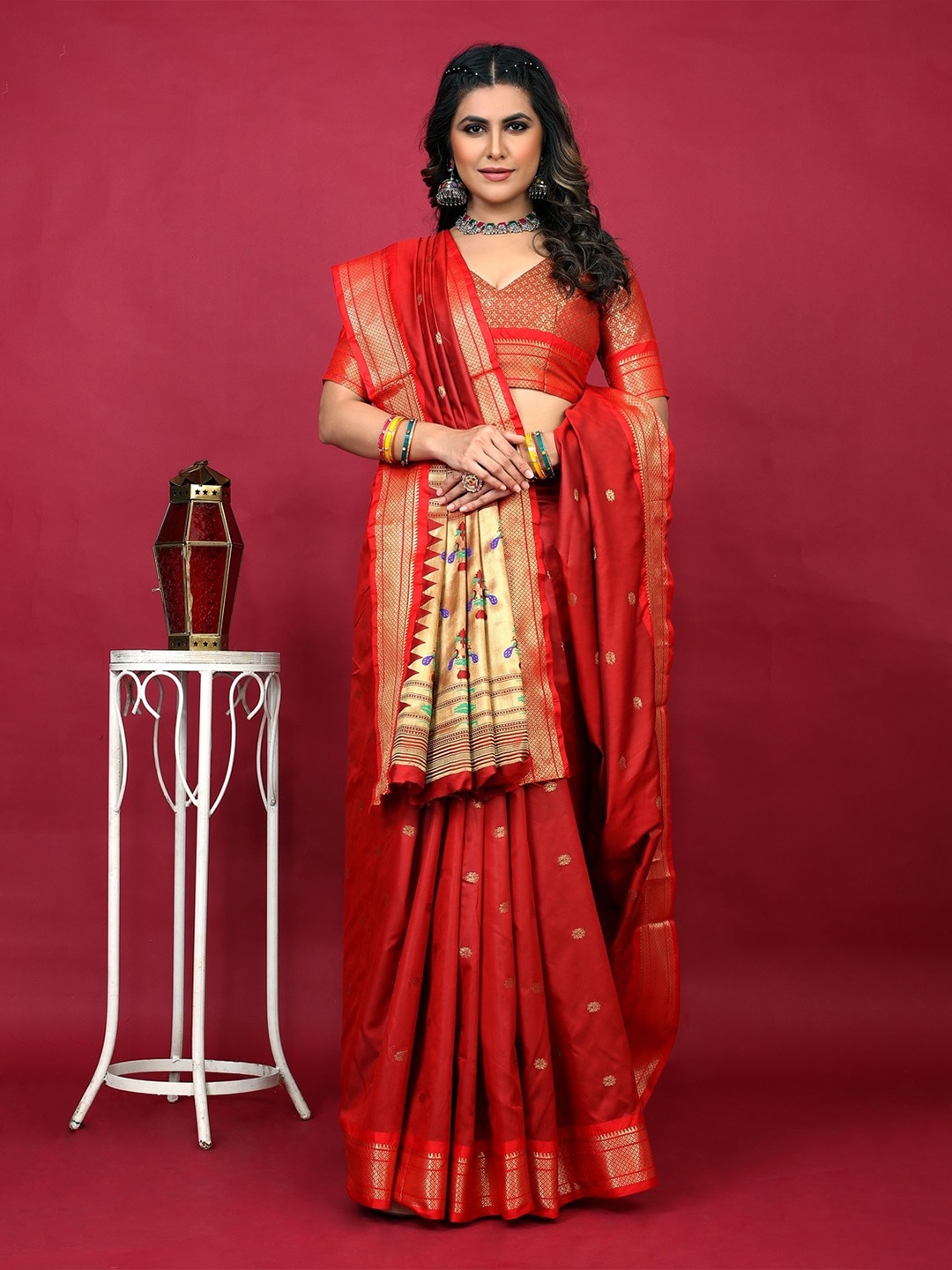 

CANIZZARO Ethnic Motifs Woven Design Zari Silk Cotton Paithani Saree, Red