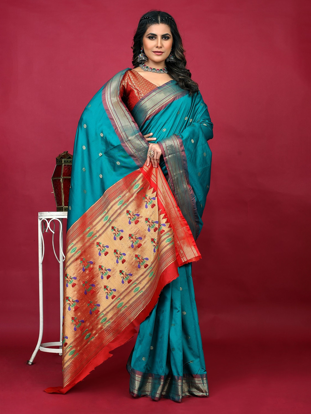 

CANIZZARO Ethnic Motifs Woven Design Silk Cotton Paithani Saree, Teal
