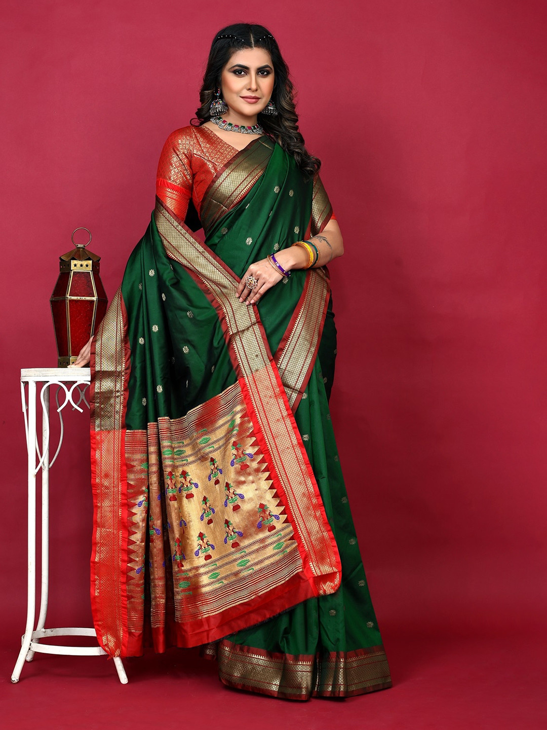 

CANIZZARO Ethnic Motifs Woven Design Zari Silk Cotton Paithani Saree, Green
