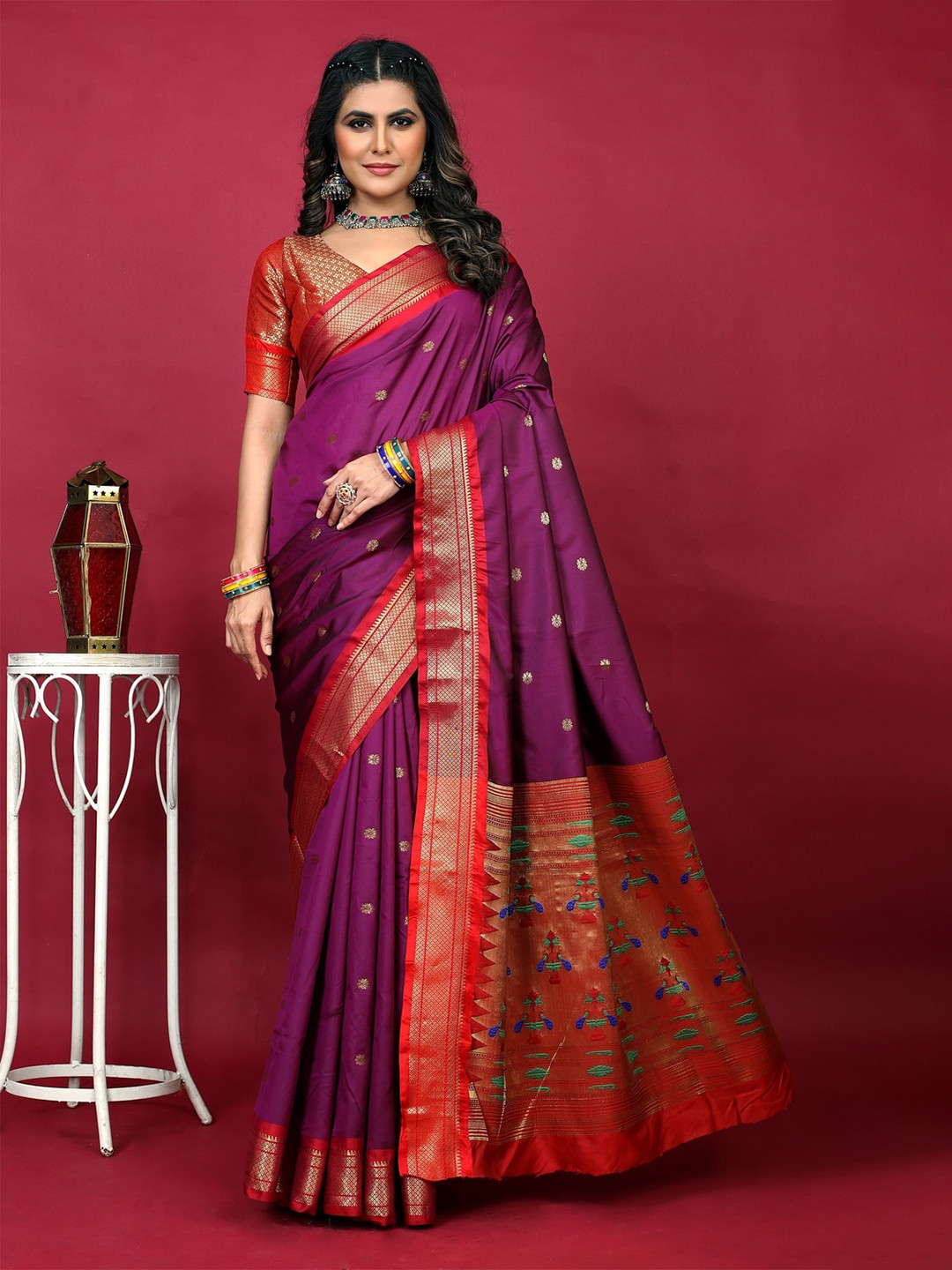 

CANIZZARO Ethnic Motifs Woven Design Silk Cotton Paithani Saree, Magenta
