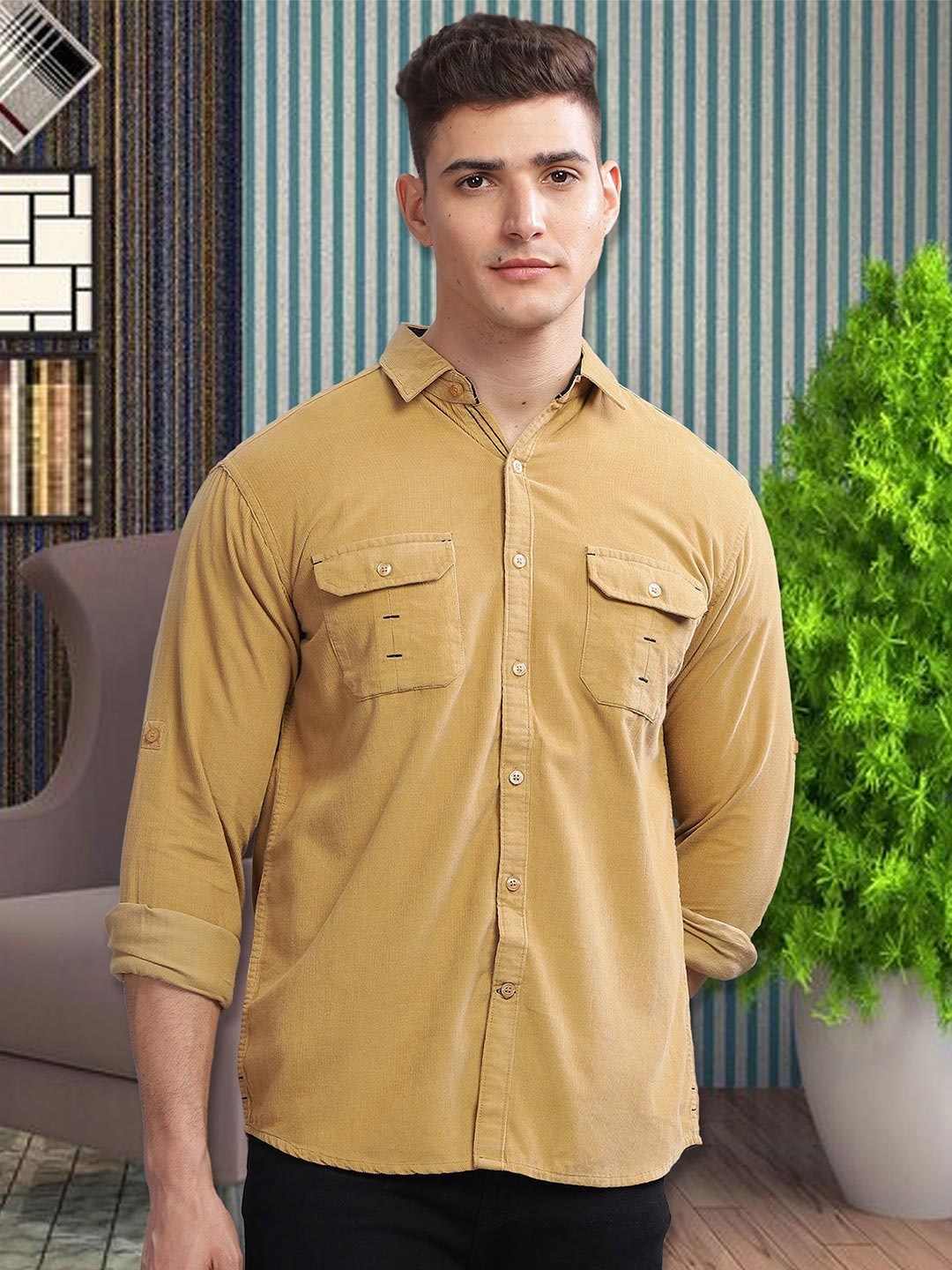 

Kuons Avenue Smart Slim Fit Spread Collar Long Sleeves Corduroy Casual Shirt, Beige