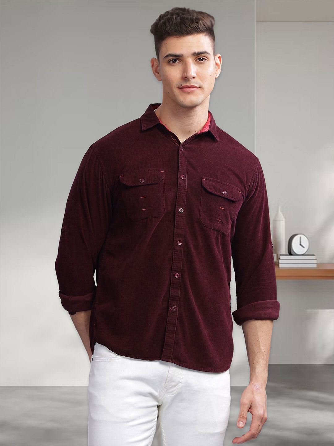 

Kuons Avenue Smart Slim Fit Spread Collar Long Sleeves Corduroy Casual Shirt, Maroon