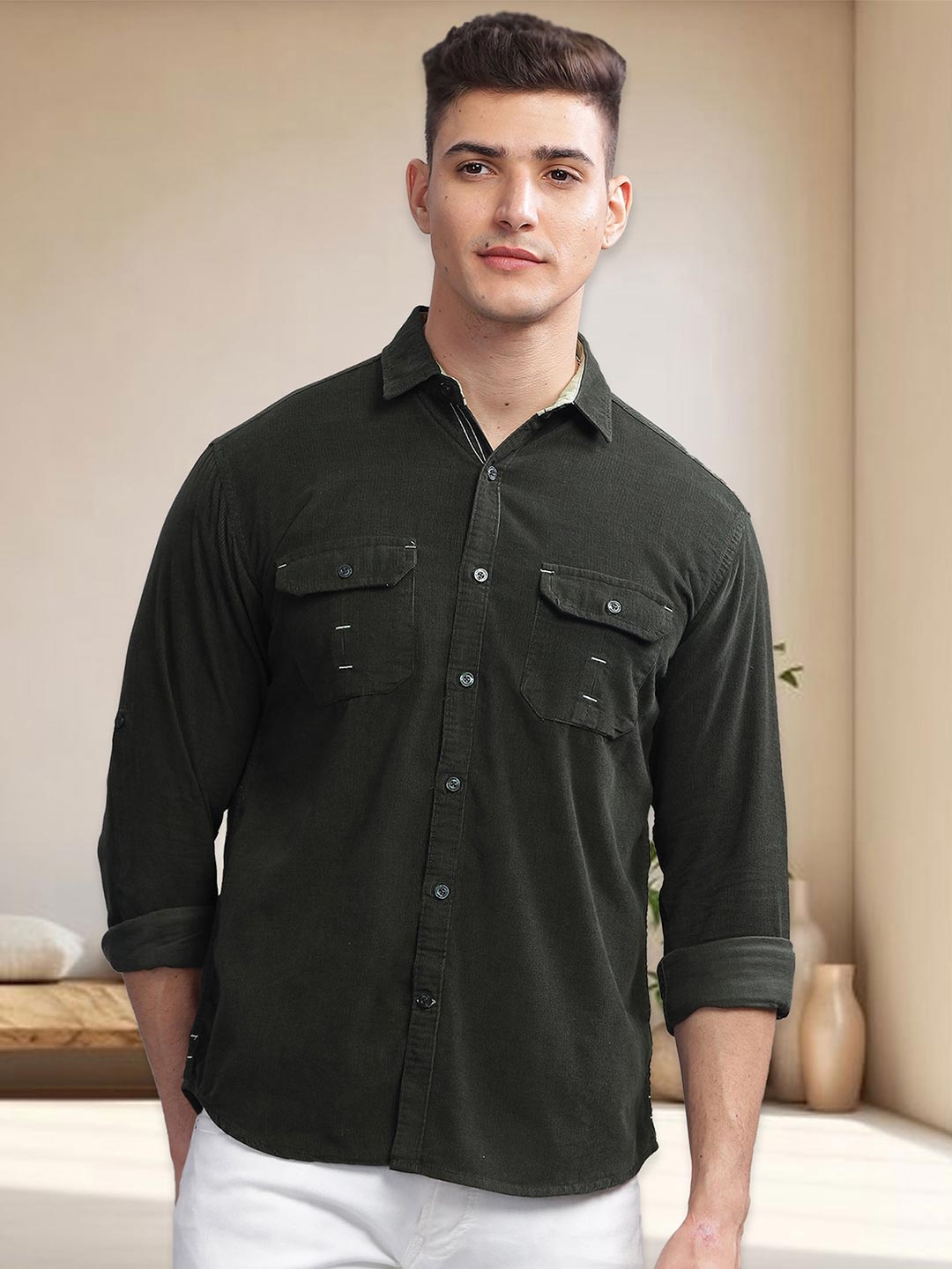 

Kuons Avenue Smart Slim Fit Corduroy Casual Shirt, Olive