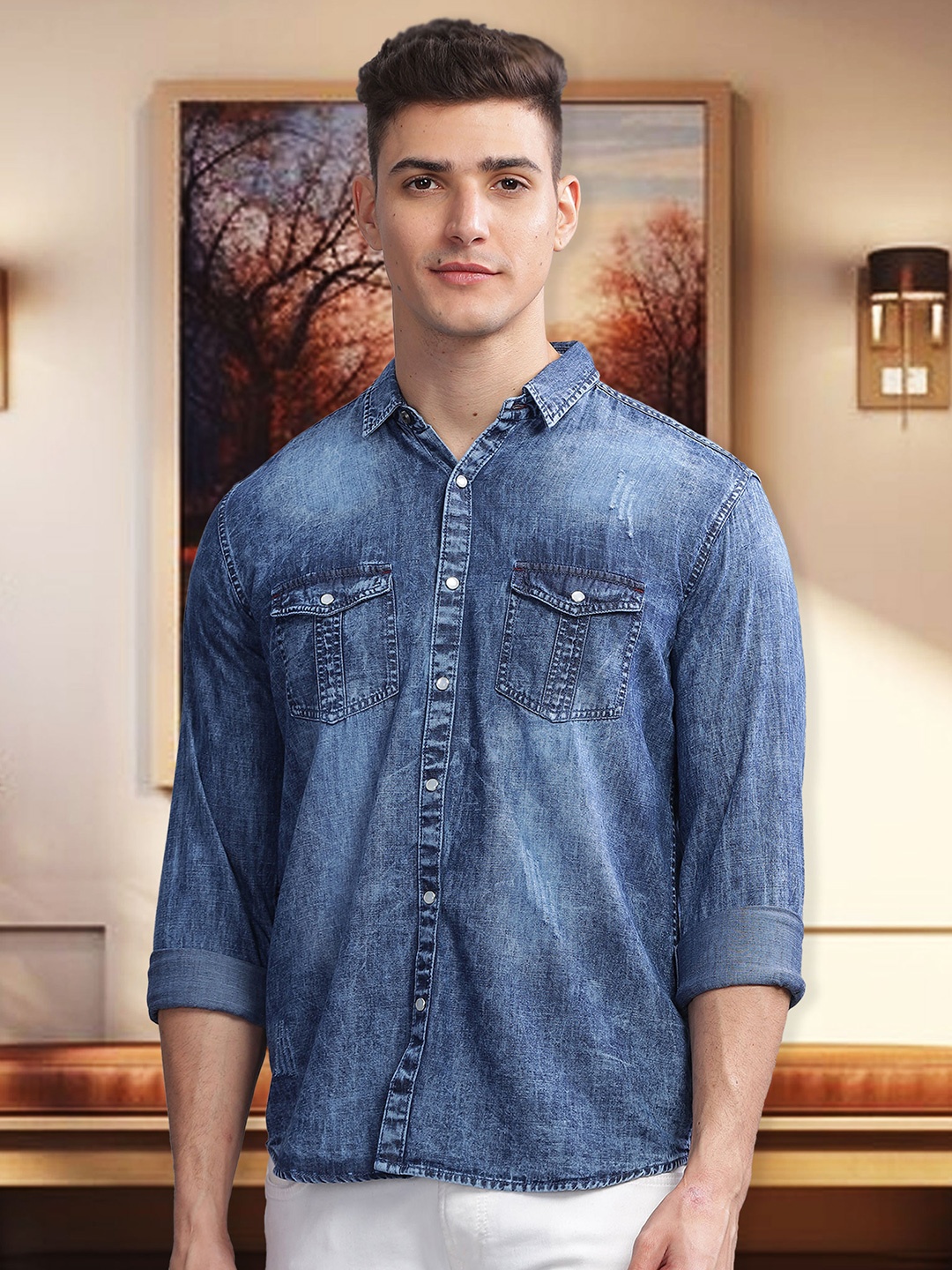 

Kuons Avenue Smart Slim Fit Spread Collar Long Sleeves Denim Casual Shirt, Blue
