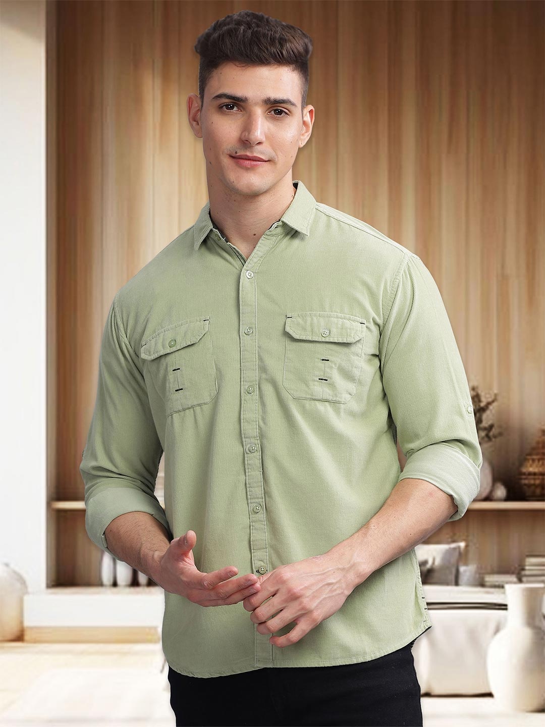 Kuons Avenue Smart Slim Fit Corduroy Casual Shirt, Green