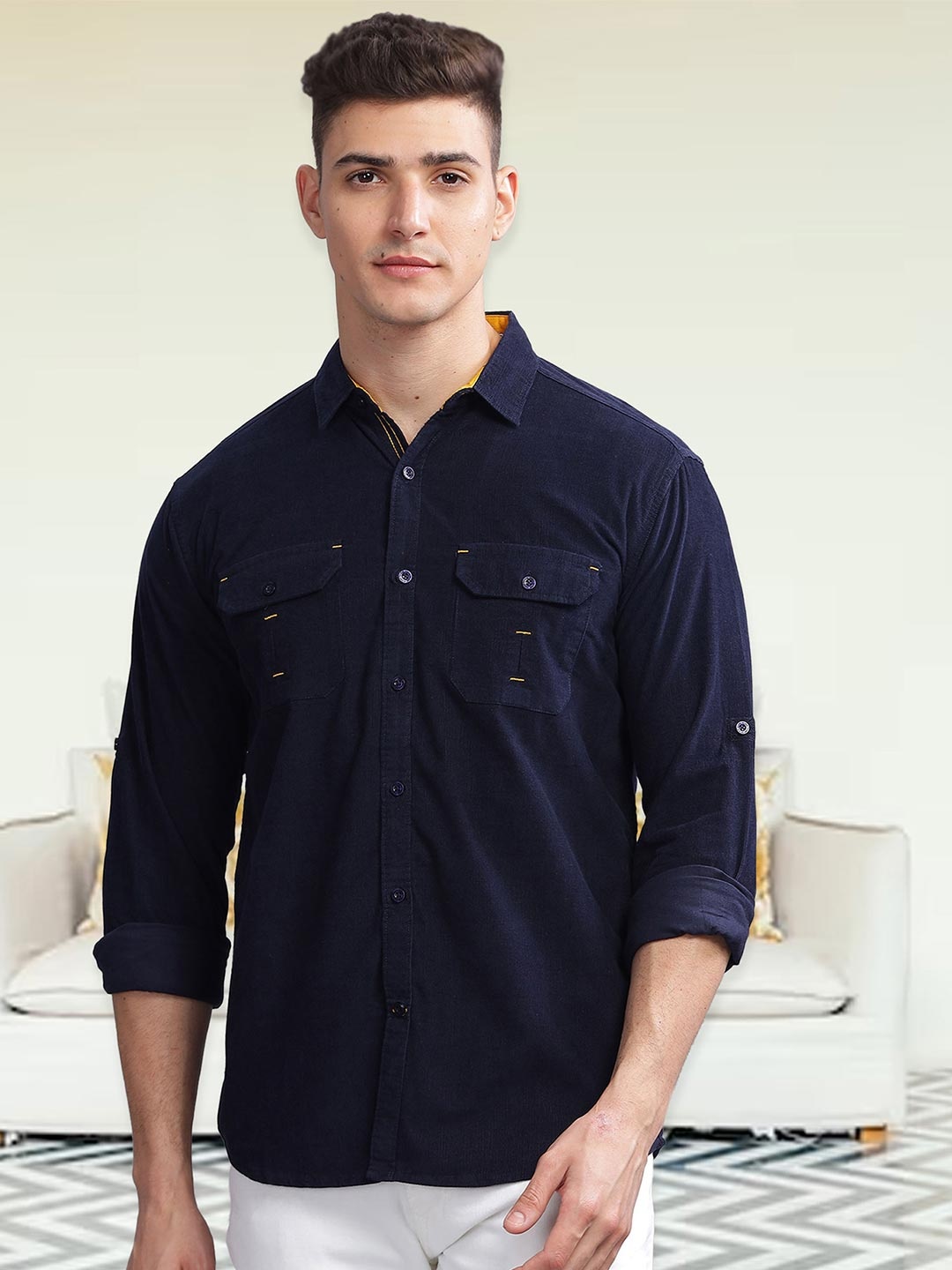 

Kuons Avenue Smart Slim Fit Corduroy Casual Shirt, Navy blue
