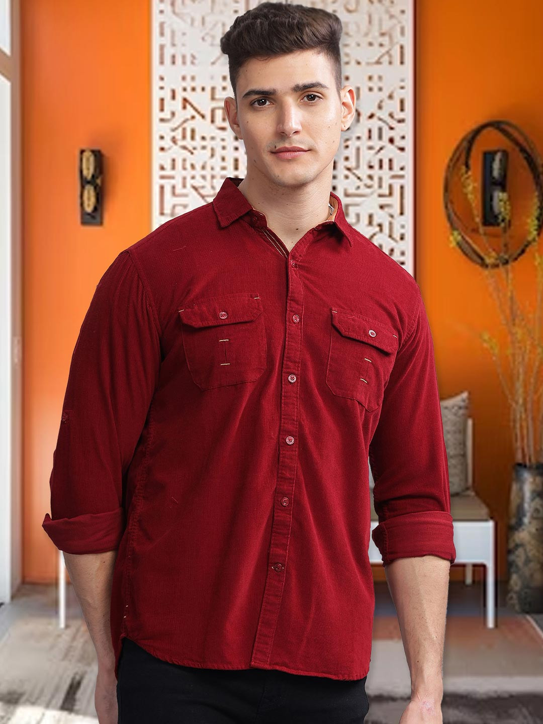 

Kuons Avenue Smart Slim Fit Spread Collar Long Sleeves Corduroy Casual Shirt, Maroon