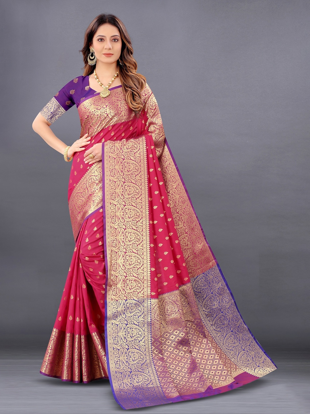 

YAGNAM FAB Woven Design Ethnic Motifs Zari Banarasi Saree, Pink