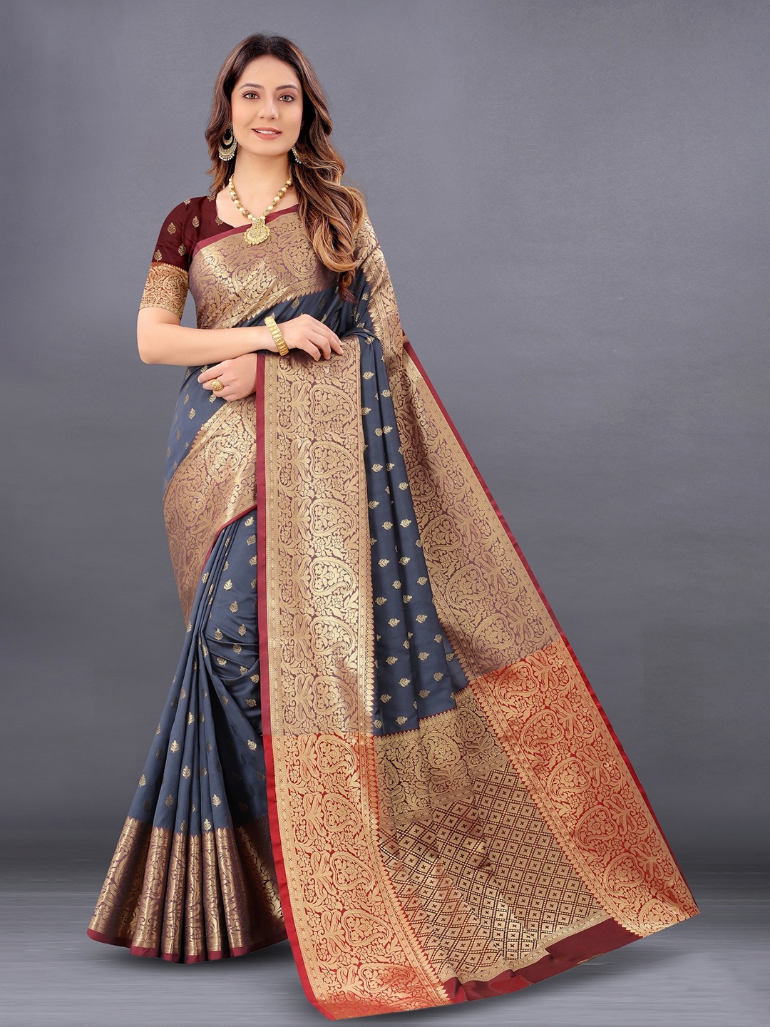 

YAGNAM FAB Woven Design Ethnic Motifs Zari Banarasi Saree, Grey