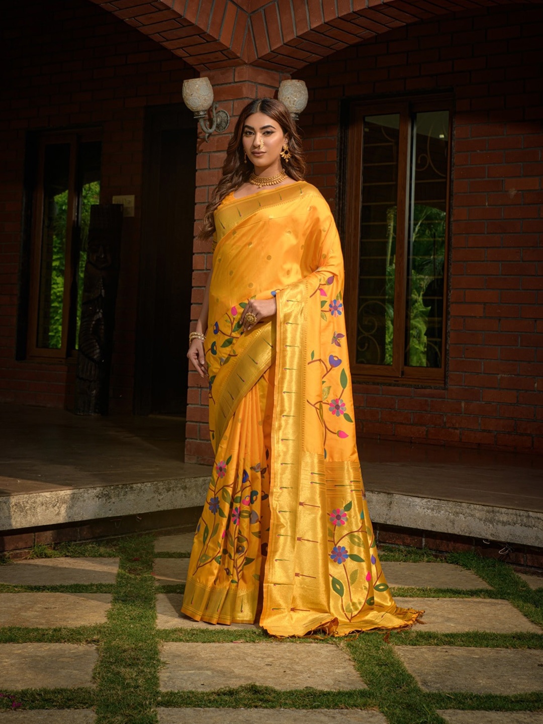 

CANIZZARO Ethnic Motifs Woven Design Zari Pure Silk Paithani Saree, Yellow