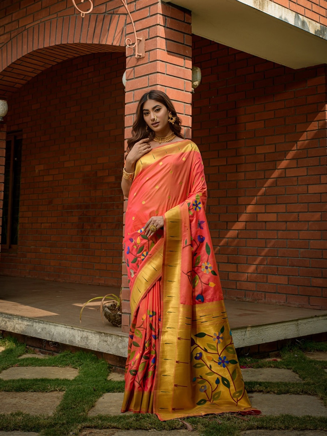 

CANIZZARO Woven Design Ethnic Motifs Zari Pure Silk Paithani Saree, Orange