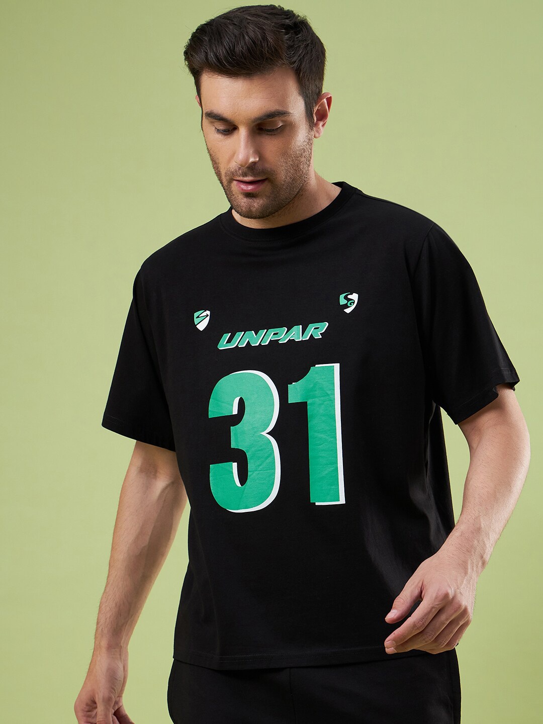 UNPAR Typography Printed Round Neck Oversized Cotton Sports T-shirt, Black