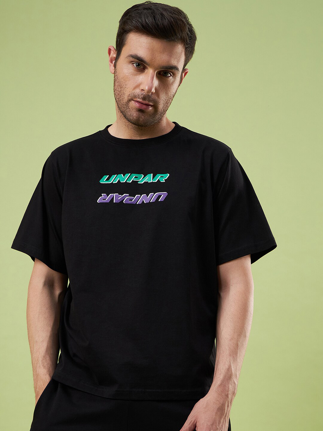 

UNPAR Typography Printed Round Neck Oversized Cotton Sports T-shirt, Black