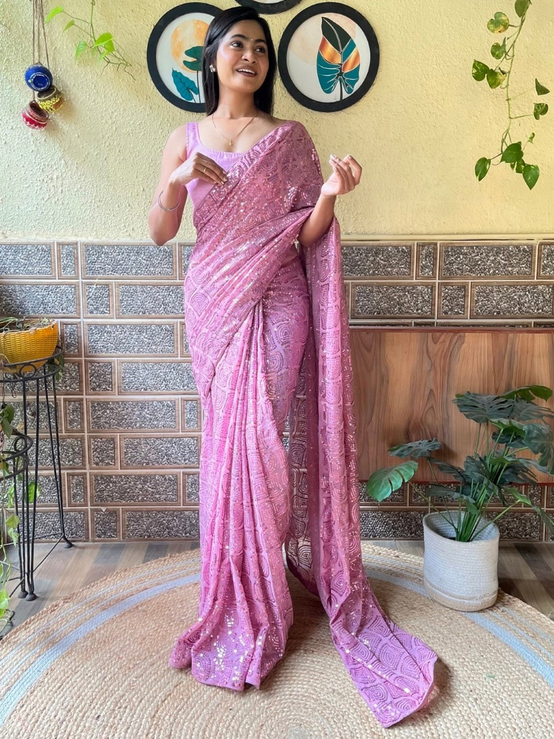 

Mitera Pink Embellished Sequinned Saree