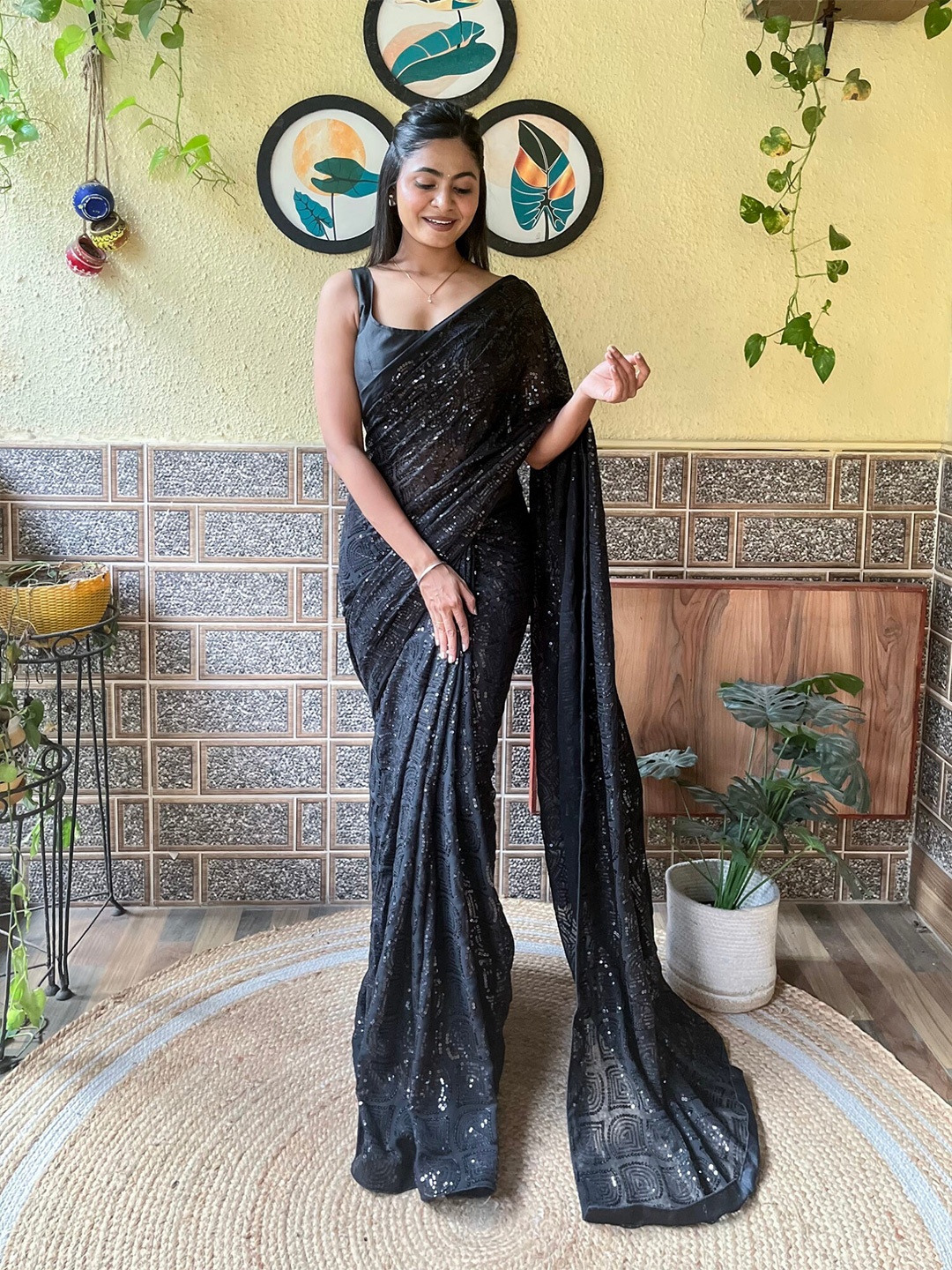 

Mitera Embellished Sequinned Work Saree, Black