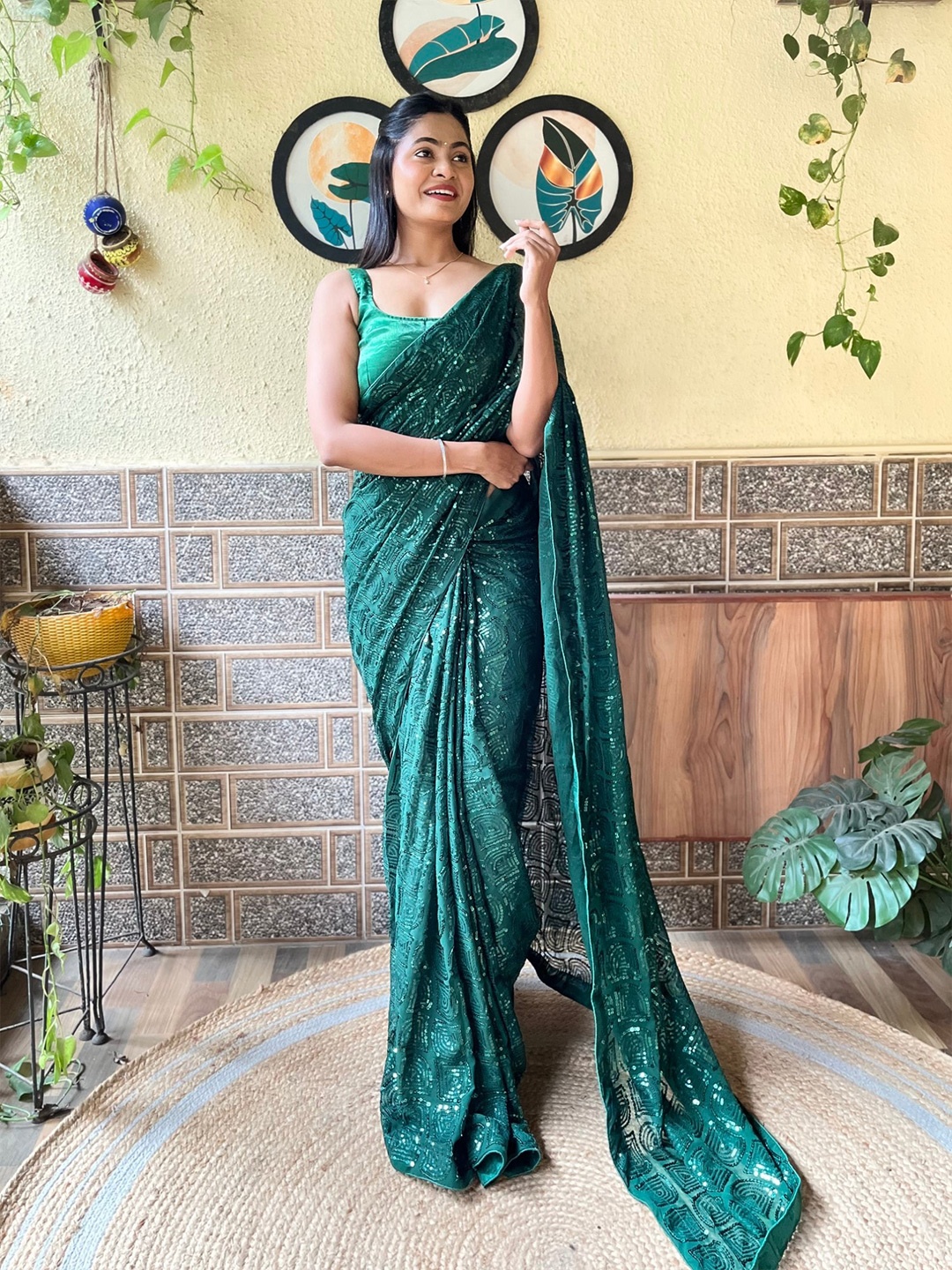 

Mitera Embellished Sequinned Saree, Green