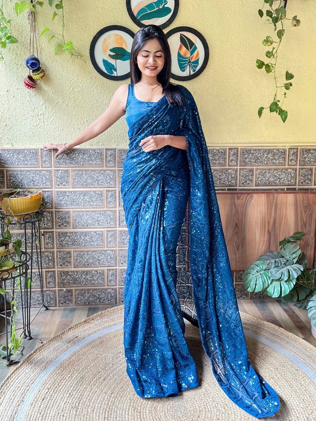 

Mitera Embellished Sequinned Work Saree, Teal