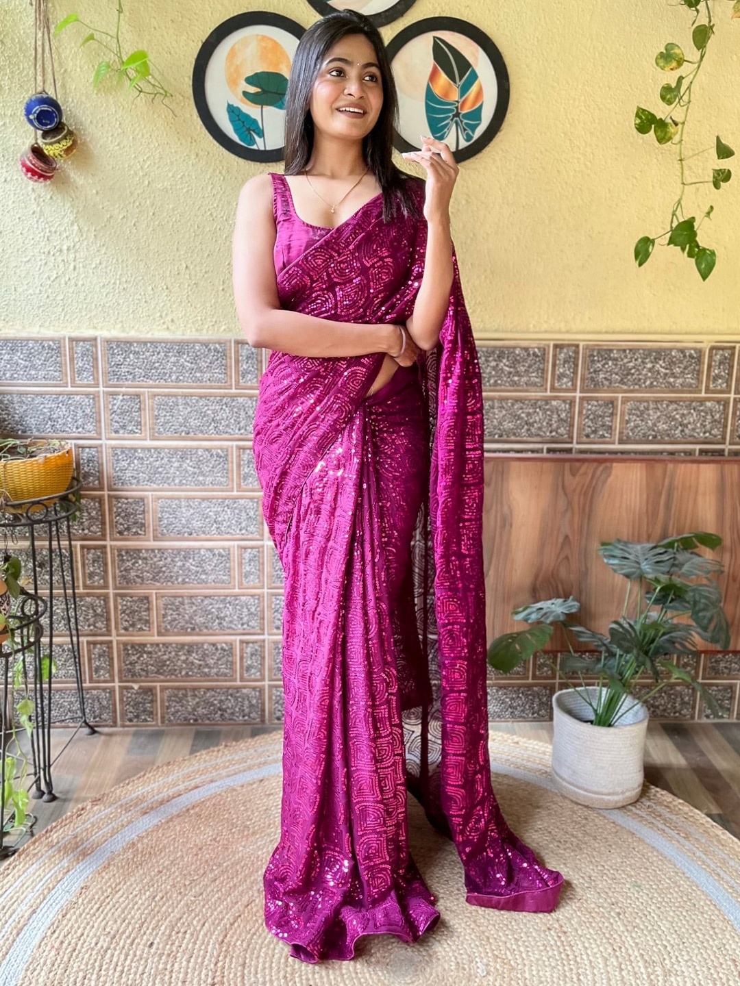 

Mitera Geometric Sequinned Saree, Purple