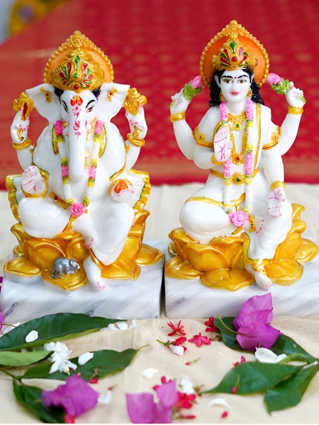 

krishnagallery1 White & Gold-Tone 2Pcs Religious Marble Idol Showpiece