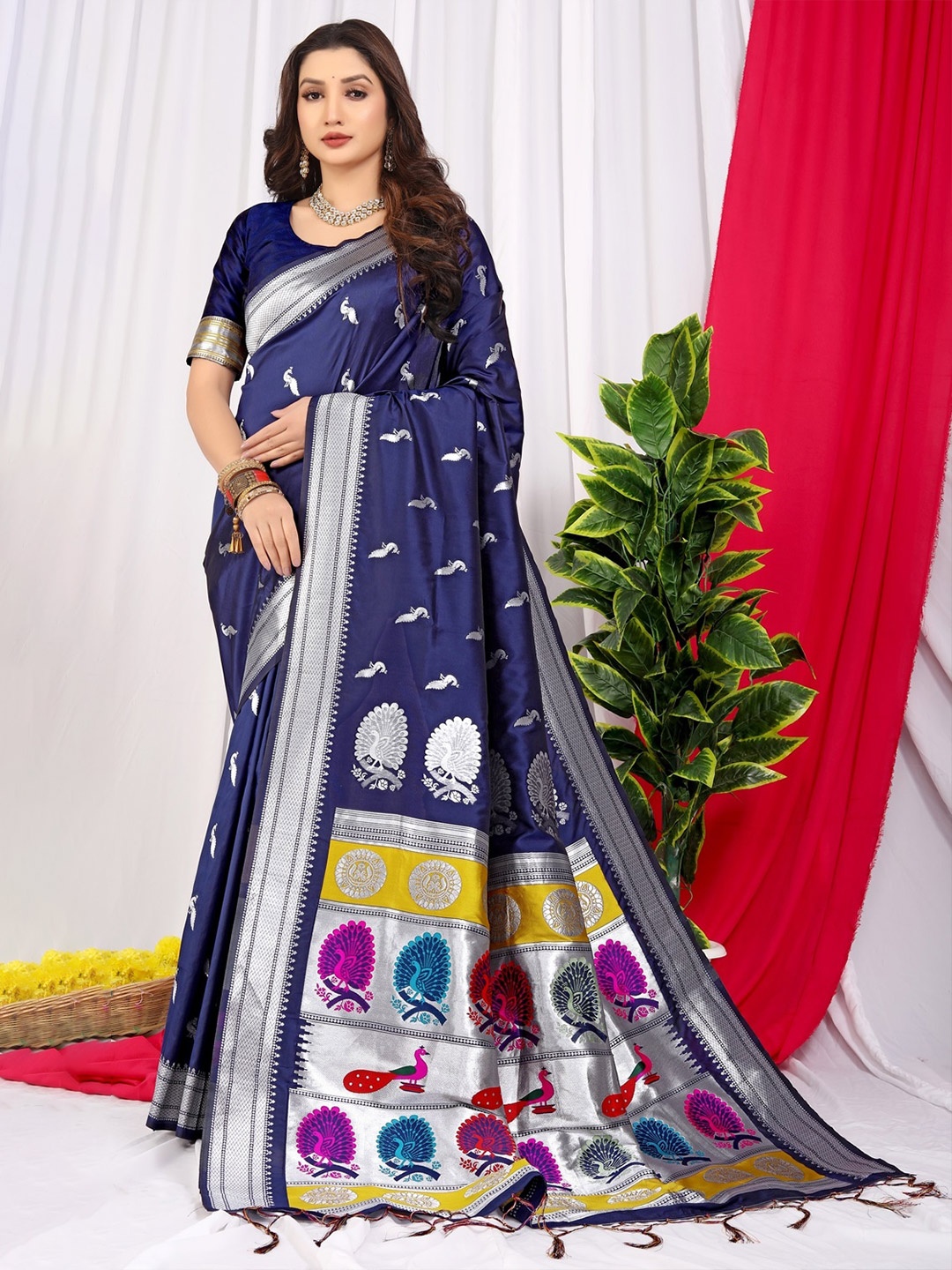 

CANIZZARO Ethnic Motifs Woven Design Zari Pure Silk Paithani Saree, Blue